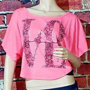 Rue 21 Oversize Crop Top Pink with Black Lace Details and Lettering - Medium
